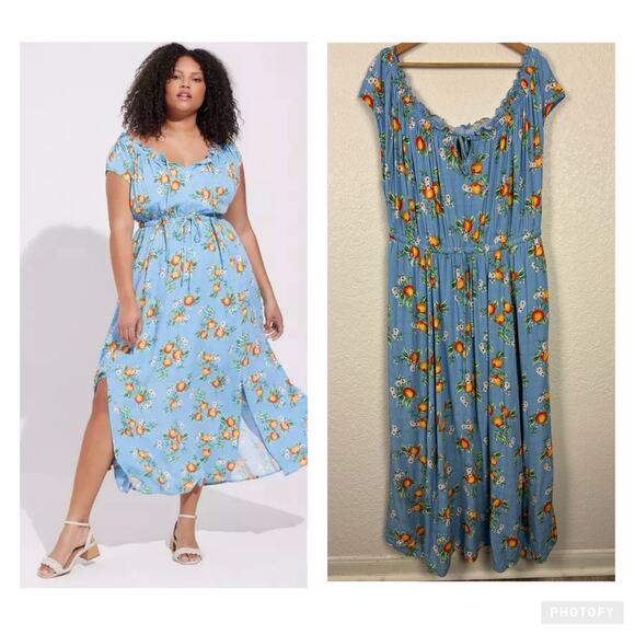 Torrid Orange Grovw‎ Women’s Maxi Dress Sz 2 Blue Oranges Summer Vacation Resort - Picture 1 of 15